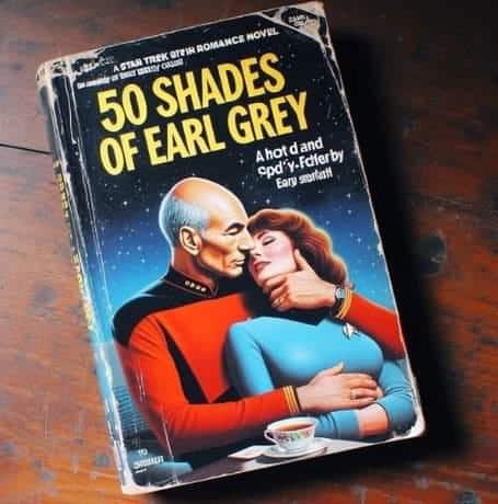 Parody movie poster featuring two Starfleet-uniformed characters in an intimate pose, styled in black and white, with the title “Fifty Shades of Earl Grey.”